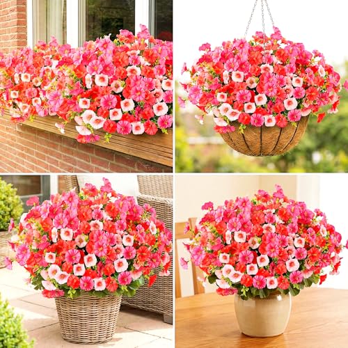 YIBUKIY 12Pcs Artificial Outdoor Flowers for Outdoors, Faux Silk Realistic Morning Glory Floral Arrangement Planter UV Resistant for Porch Patio Window Box Balcony Garden Decor (12pcs Mixed Pink) — view 4