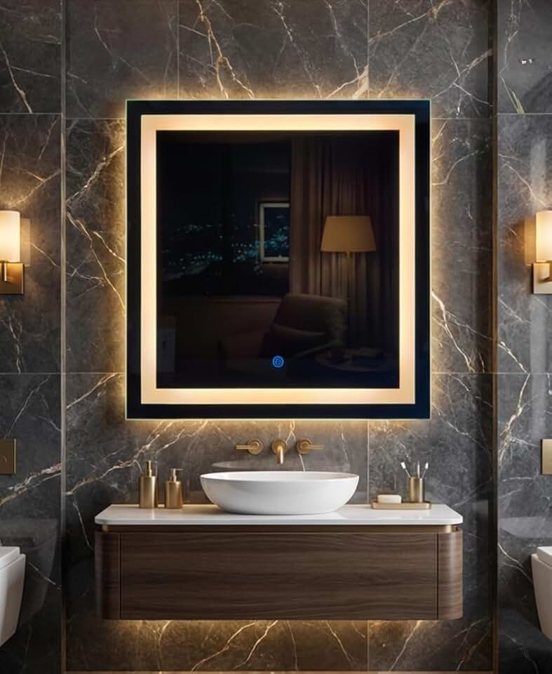 Espelho Quadrado com LED 3 Cores, Touchscreen, 60x60 cm, para Banheiro, Quarto, Sala e Penteadeira