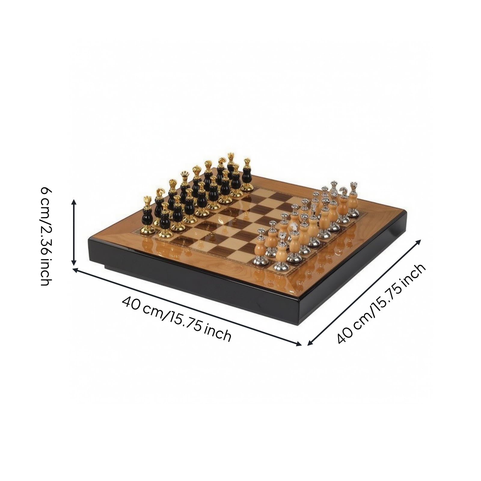 Ajedrez Tablero Juego con Tablero de Madera Juego de Piezas Cajones Superficie Reluciente y Estilo Sofisticado Adecuado para Amigos Hogar Oficina, 40 40 6CM, Borde Recto 7kg