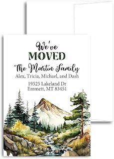 Woods Printed We Moved Card, Forest Mountains Moving Announcement, Personalized Woods We've Moved Stationery, Change of Address Greeting with Envelopes, Home on The River New Address Cards