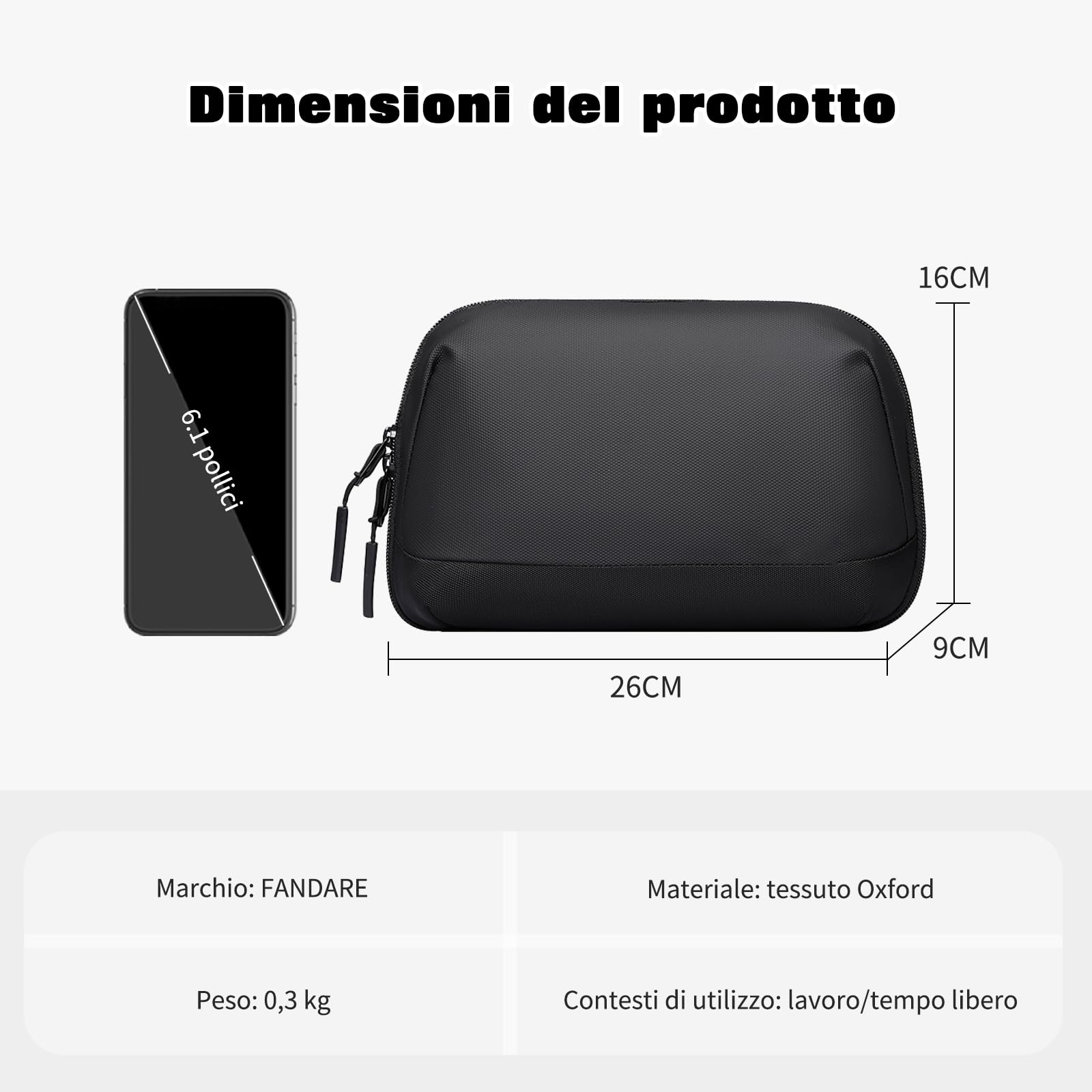 FANDARE Borsa Organizer Cavi Custodia da Viaggio in Tela Oxford Nero | apertura 180° acceso total, correas elásticas fijan cables, cremallera y compartimentos anti-enredos, tela oxford impermeable