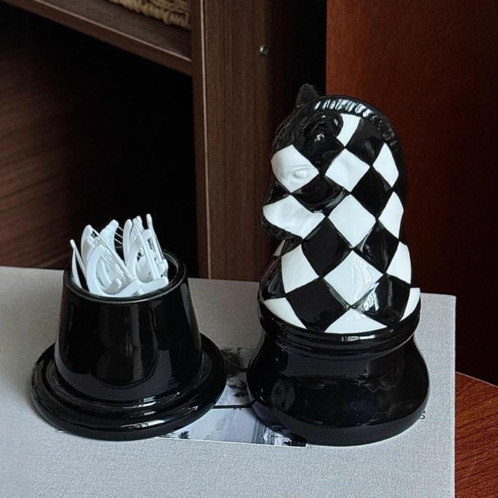 Toothpick Jar Ceramic Chess Home Living Room Dustproof Dental Floss Cotton Swab Storage Black And Checkered Desktop Box (Soldier)