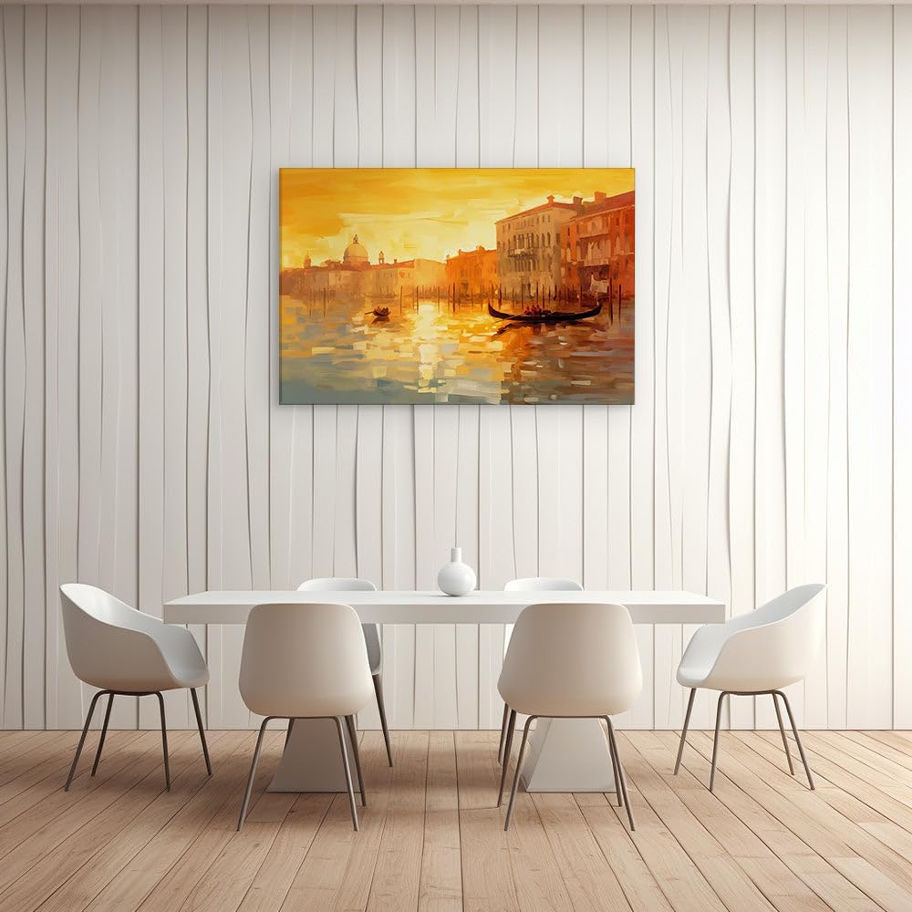 Canvas for Living room. Venetian Sunset Serenade Embracing Warm Hues and Gondola Reflections, 27 x 18 inch Canvas Wall Art - Contemporary Masterpieces - Modern Home Decor