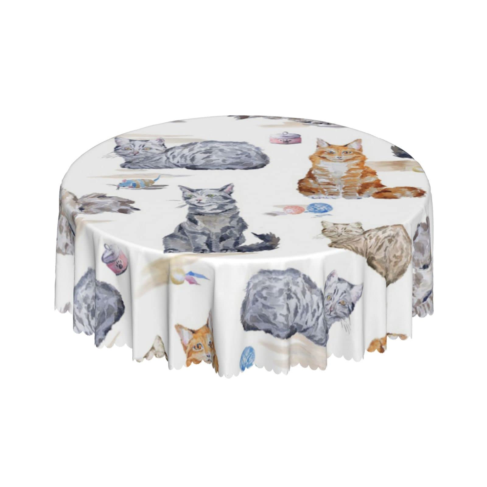 Lsjuee Abstract Cat White Cute Round Tablecloth 60 Inch Printed Washable Tablecloth for Dining Party Holiday Fall Home Decorative