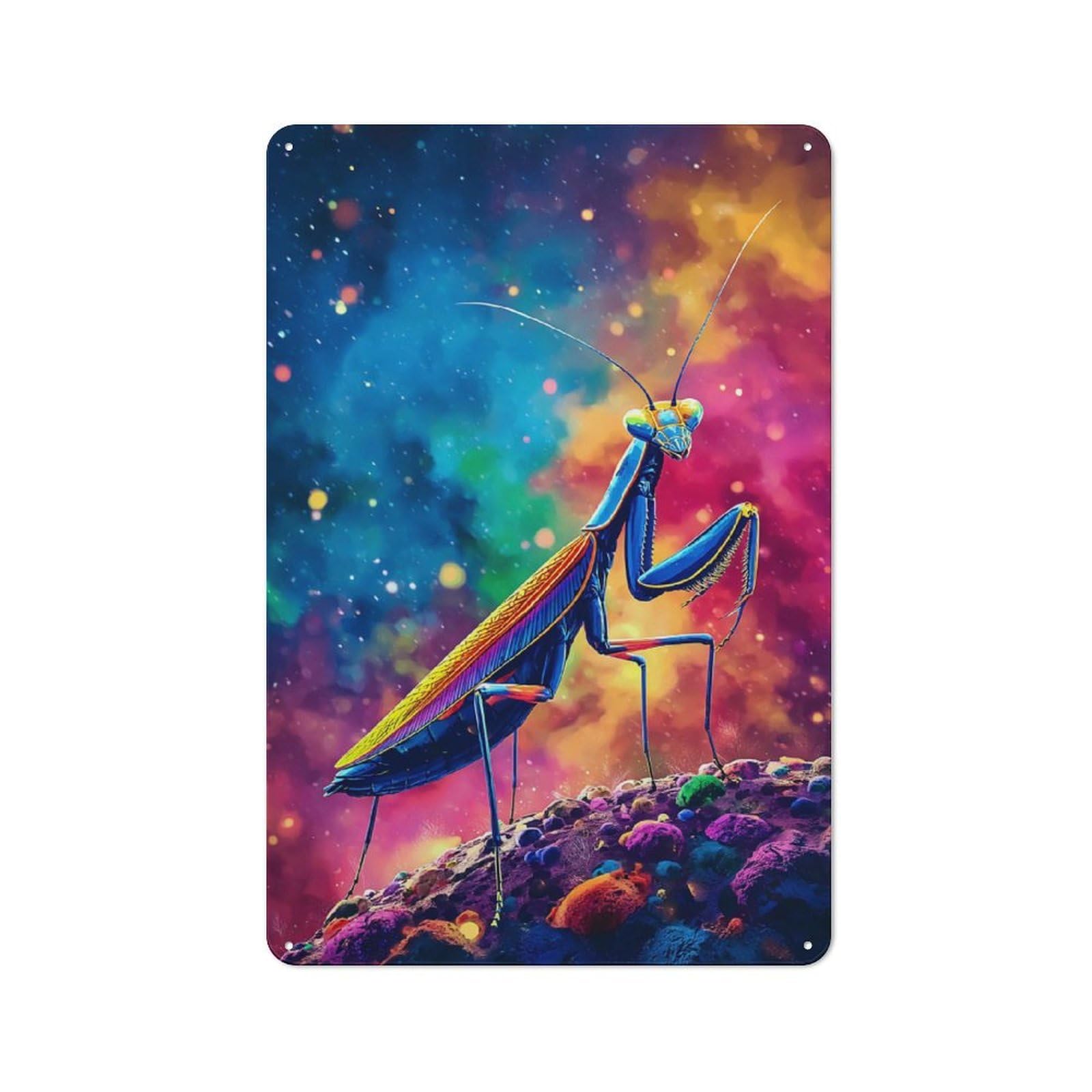 Junmoney Colorful Praying Mantis In Space Retro Vintage Metal Sign 30X20cm, Small Space Decor For Hallway, Home Bar, Garage Or Study