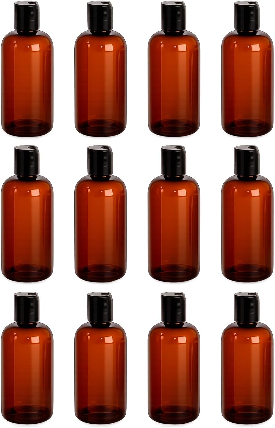 Natural Farms 12 Pack – 8 oz - Amber Boston Plastic Bottles – Black Disc Top - for Essential Oils, Perfumes, Cleaning Products