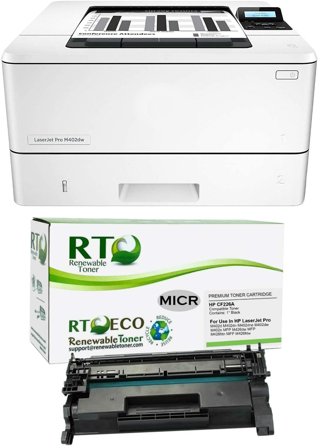 Renewable Toner Laserjet M402dw MICR Check Printer Bundle with 1 RT CF226A 26A Compatible MICR Toner Cartridge (2 Items)