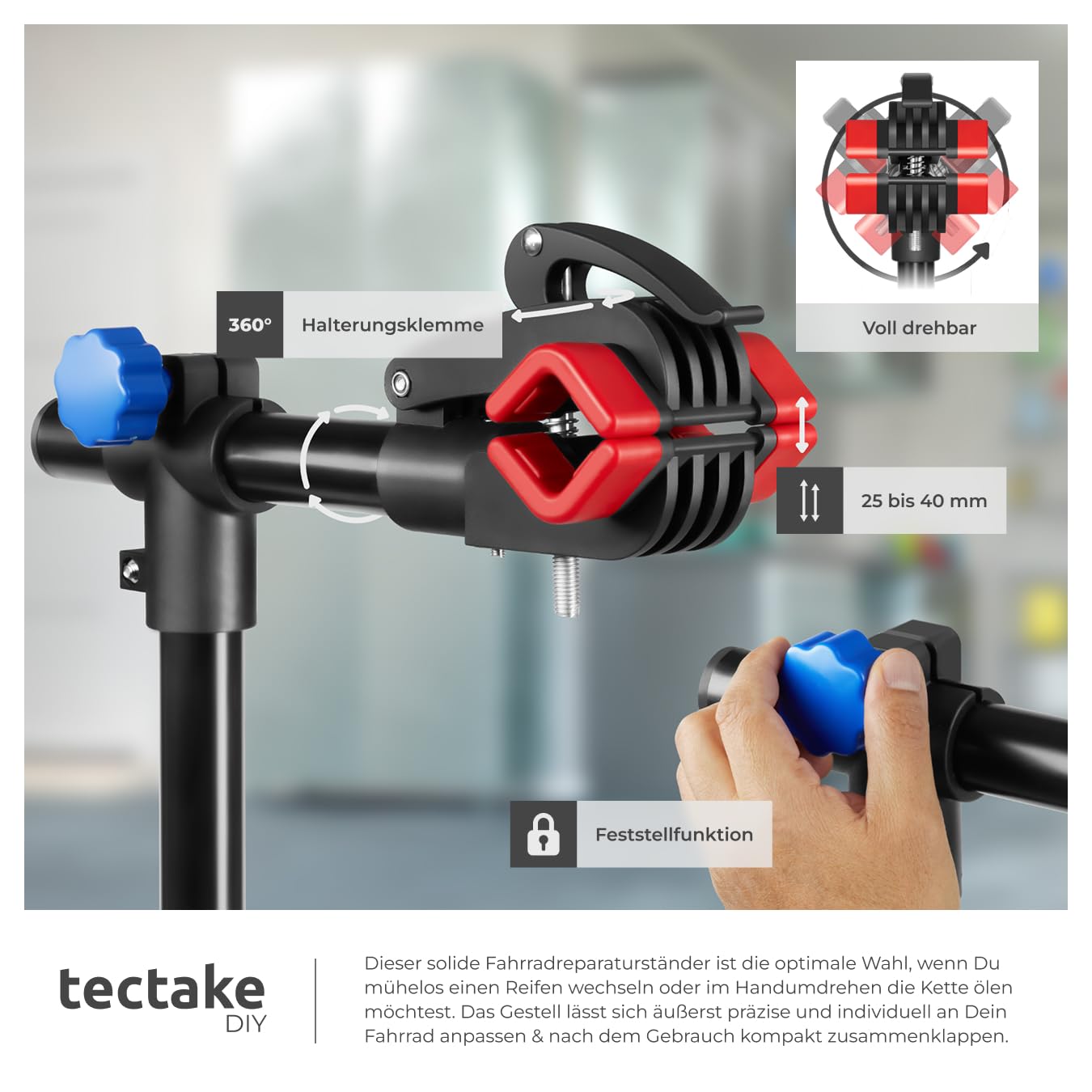 tectake® Fahrrad Reparaturständer Montageständer, Bike Stand für Fahrräder, Rennrad, Schnellspannsystem, 4 Punkt Ständerfuß, Zubehör magnetische Werkzeugablage, höhenverstellbar, klappbar | Höhenverstellbar 117–200 cm, 360° drehbar, mit festem Griff, Stab
