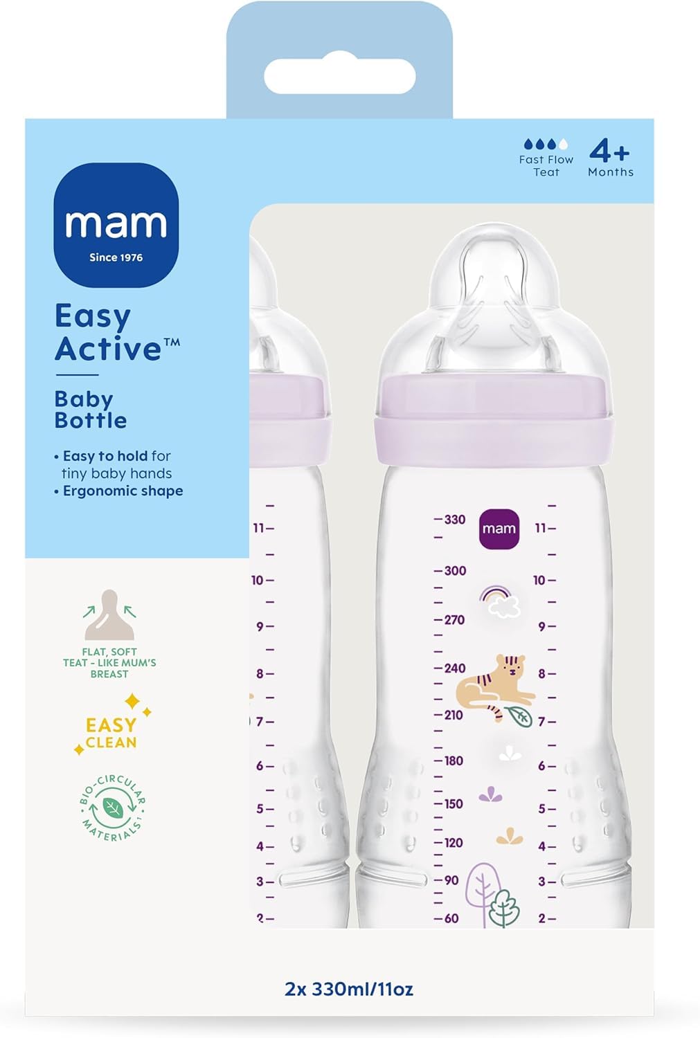 MAM Easy Active Bottles | 2 Pack (2 x 330ml) | Fast Flow MAM Teats Size 3 | Baby Accessories | Iris (Various Designs) — view 2