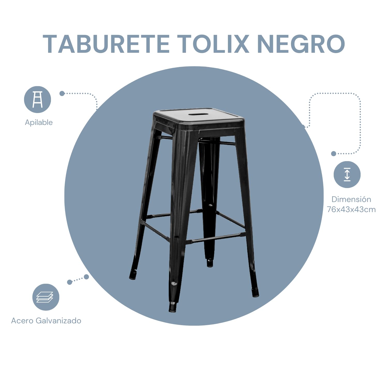 EME Pack 4 Taburetes Alto Metálico de Acero Galvanizado. Taburete Metálico Apilable de 76x43x43cm Ideal para Usar en Interior y Exterior. Incluye 4 Unidades. (Negro)