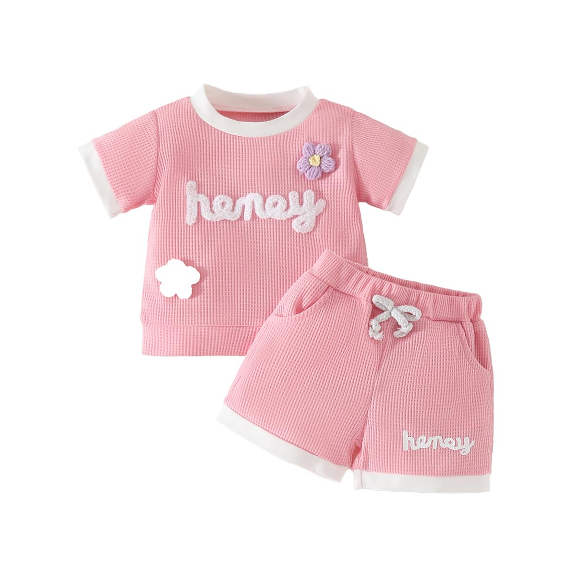 Ensemble Bebe Fille Vêtements d'été 3D Fleurs Manches Courtes T-shirt Hauts et Short 2 Pièces Mignonne Gaufre Tenue pour Bébé