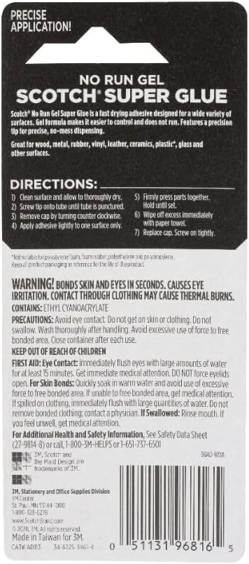 Scotch Super Glue Gel, .07 oz, 1-Pack, Fast Drying, No Run Gel Formula (AD113)