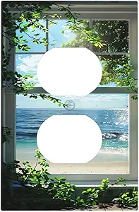 Decorative Outlet Covers Window Beach Seascape View Green Leaves 1 Gang Duplex Light Switch Cover Plate Wall Plates for Electrical Outlets Switchplate Faceplate for Bedroom Home Decor