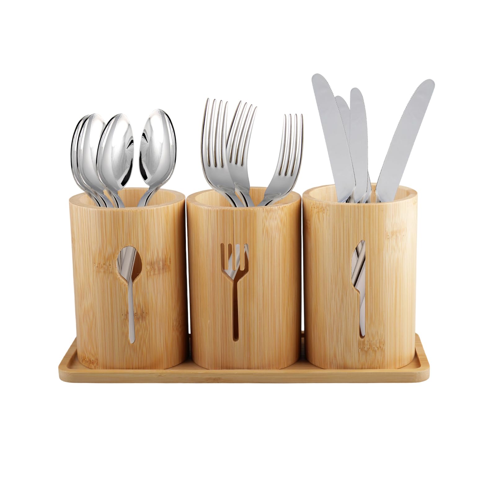 Porta-Utensili da Cucina, 3 Scomparti Per Utensili Da Cucina In Legno Portautensili in Bambù per Stoccaggio di Cucchiai, Forchette, Coltelli e Utensili da Cucin
