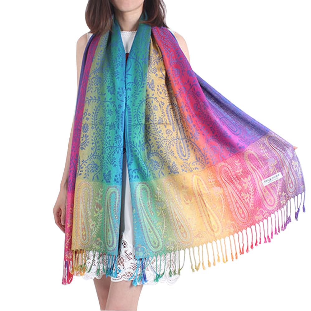 BABAHU Colorful flowers Jacquard cotton pashmina Women Wrap Shawl tassels Scarves