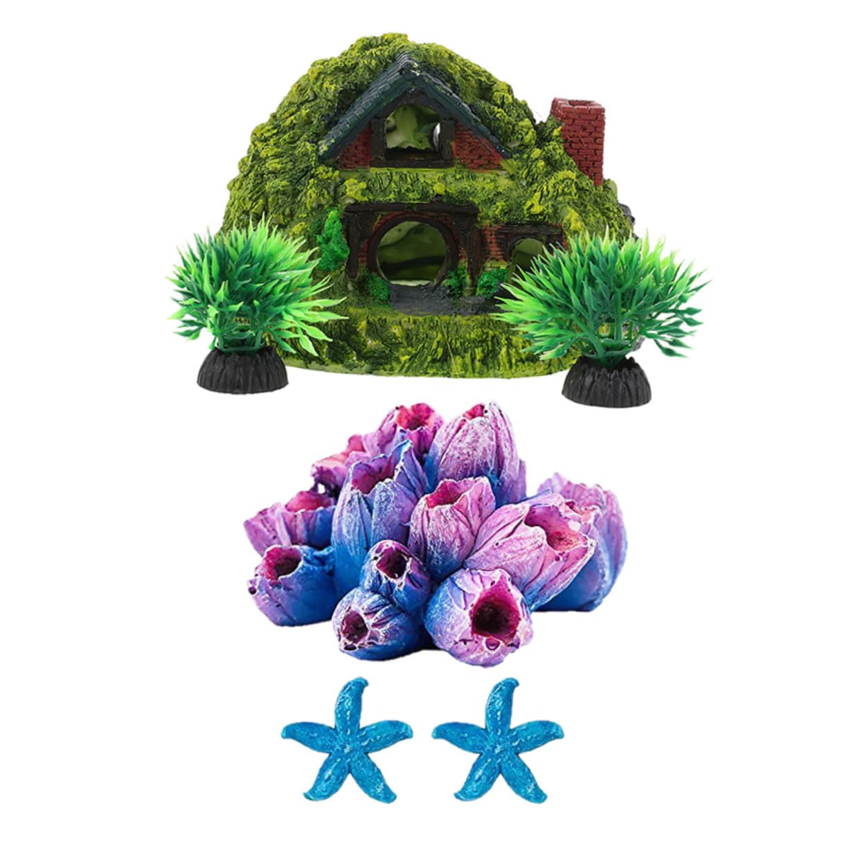 DECHOUS Resin Aquarium Decor 6pcs Set Small Double-Layer Fish Tank Hideout House with Coral Ornaments Shrimp Cave and
