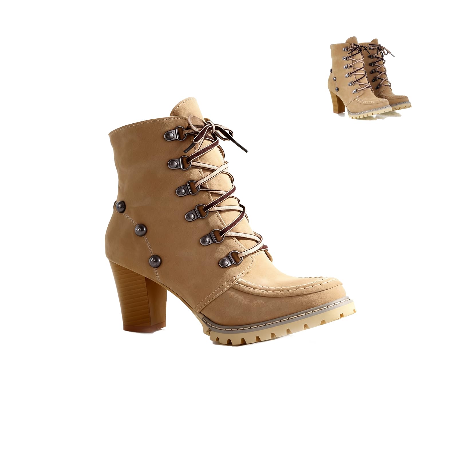 Vintage Lace Up Rivet High Heels Boots for Women - Winter Warm Casual Suede Boot Mid Calf Roman