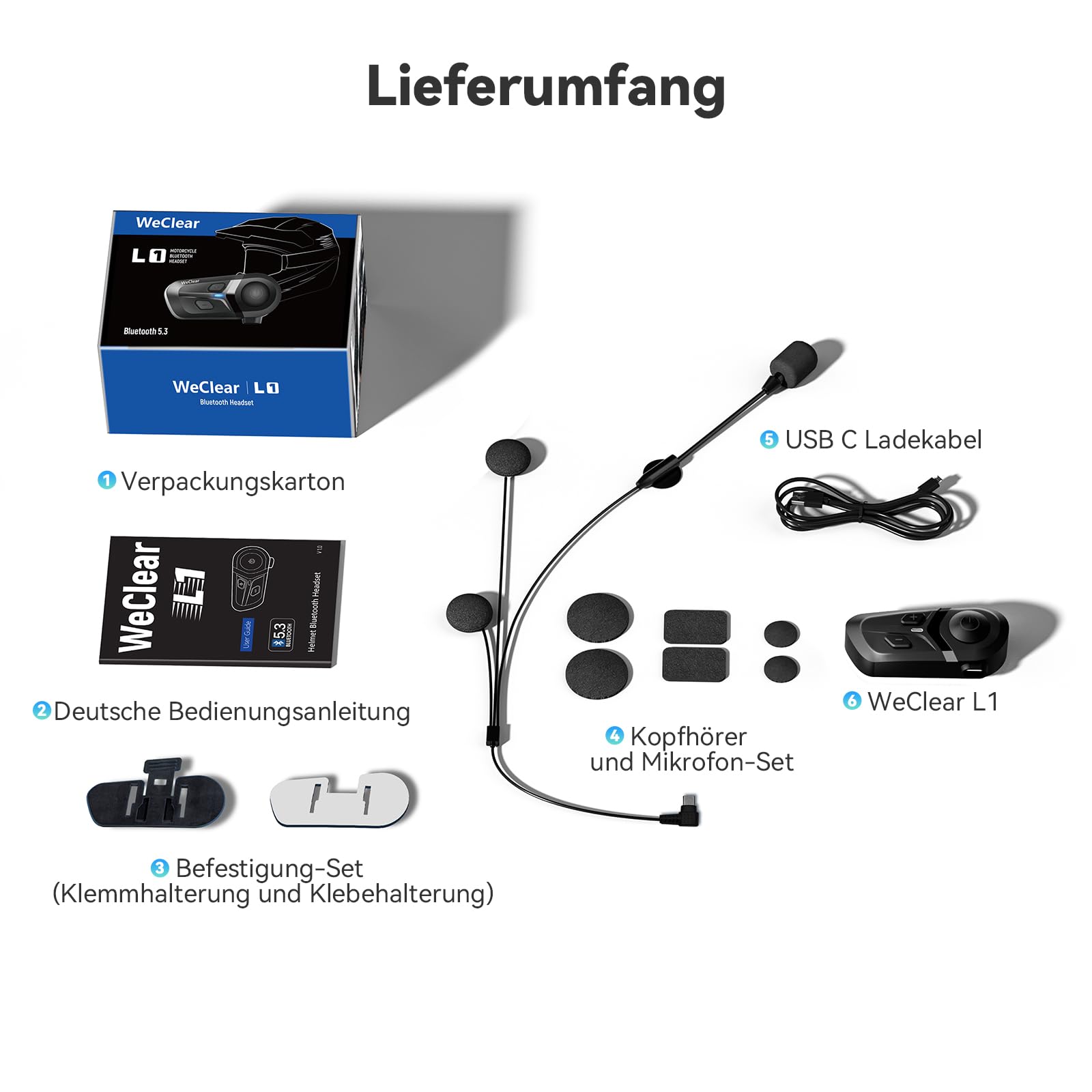 L1 Motorradhelm Headset, Helm Bluetooth Kopfhörer mit Sprachassistent, Geräuschunterdrückung Bluetooth-Headset, 40mm HiFi Lautsprecher, IP67 Wasserdicht