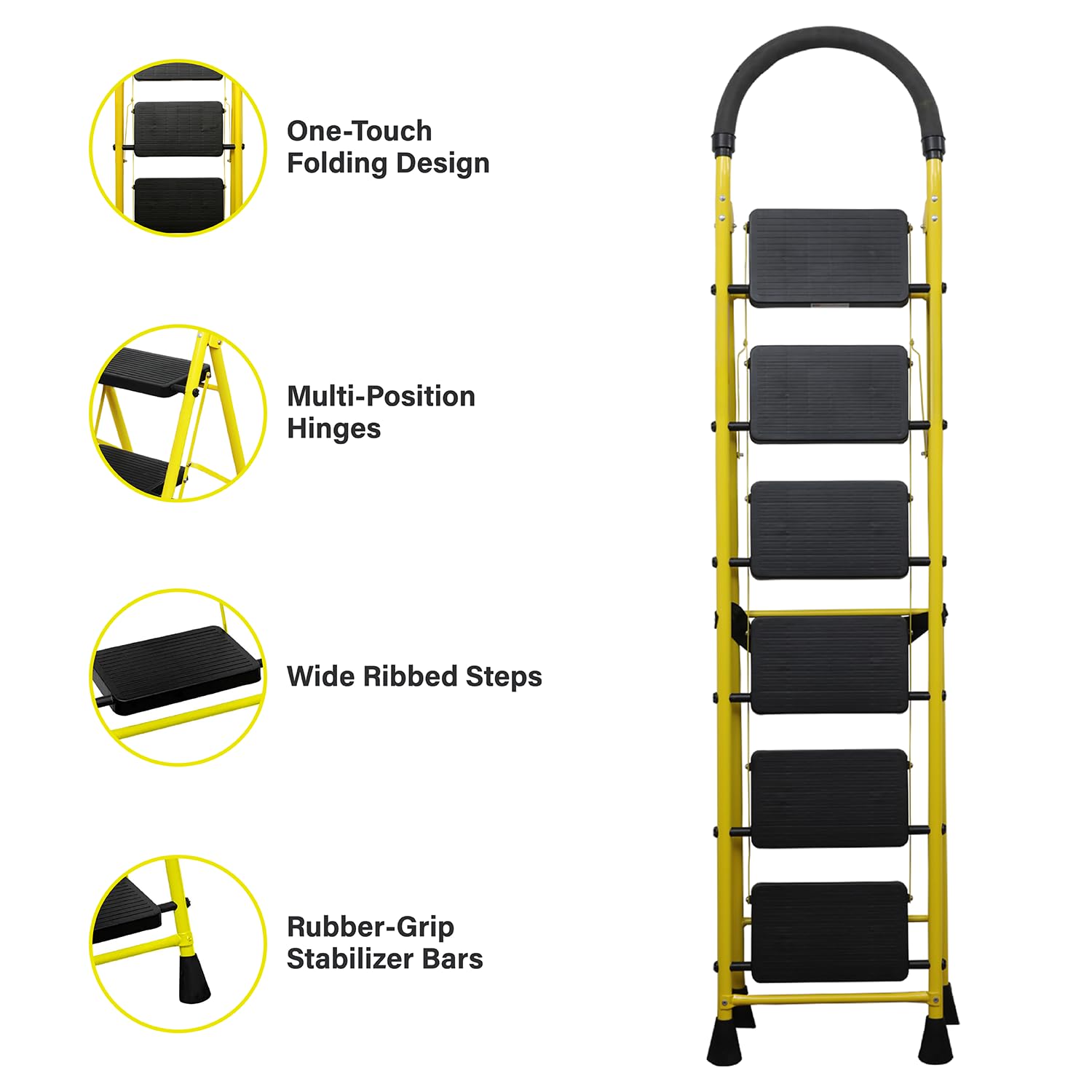 BonKaso Mild Steel Multipurpose Climb Swift 6-Step Foldable Ladder with Safety Clutch Lock, Load Capacity Upto 120kg – Anti-Slip Designed for Indoor & Outdoor Use - (Yellow & Black) — Amazon image 2