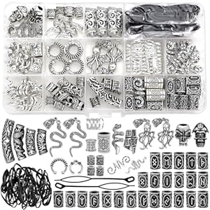 Fscwlmon 207Pcs Viking Hair Jewelry Nordic Runes Tube Beads,Accessories Kit for Braids Dreadlock Beard Locs,Metal Clips Cuff Rings,Braiding Beard Decoration Bracelets Pendant Necklace DIY Silver