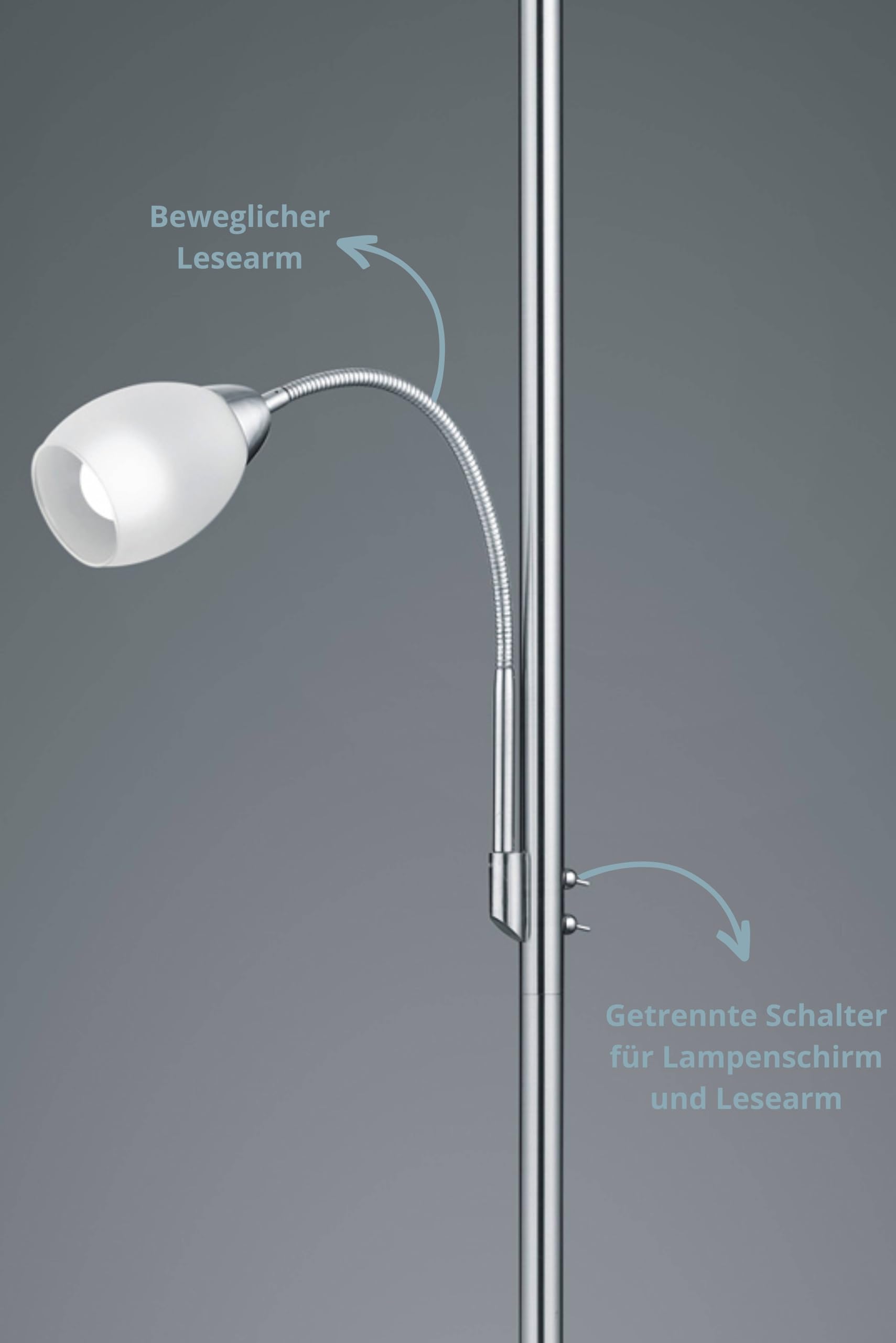 Deckenfluter Stehleuchte Klaus mit LED Leselampe | nickel matt Metall | exkl. 2 x E27 (max. 18W) | beweglicher Lesearm 1 x E14 (max. 10W) | Höhe: 180 cm, Durchmesser: 34 cm