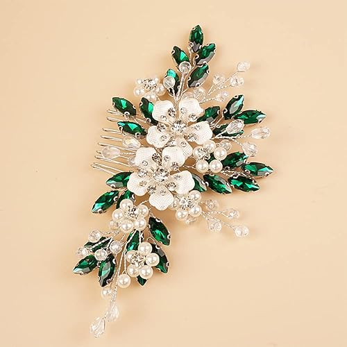 Miniatura 5 de BERYUAN Peineta de pavo real con diamantes de imitación plateados, peine y diadema de lágrima de cristal verde para bodas, mujeres y niñas