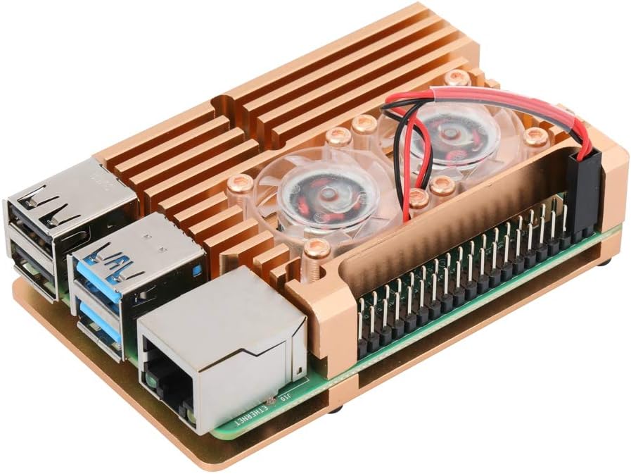 Raspberry Pi 4 Model B Aluminum Case with Dual Cooling Fan Metal Box Gold Shell for RPI 4B (with Dual Fan)