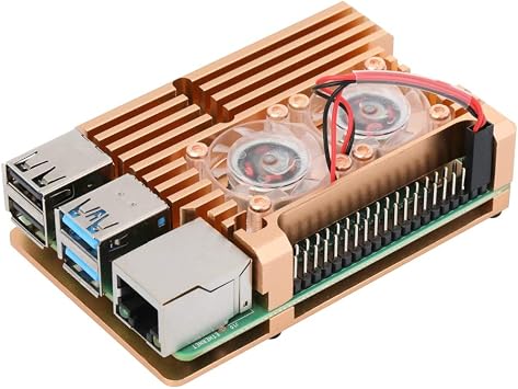 Raspberry Pi 4 Model B Aluminum Case with Dual Cooling Fan Metal Box Gold Shell for RPI 4B with Dual Fan