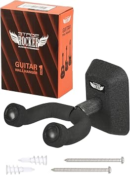 Stage Rocker Guitar Wall Hanger - Guitar Wall Mount Holder with Black Mounting Plate for Acoustic, Electric, Bass, Banjo, Mandolin Classic Matte Black