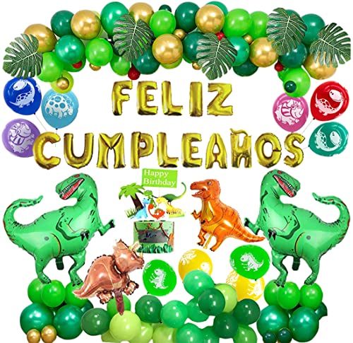 ASYBHYY Decoración de Cumpleaños Dinosaurios Happy Birthday Banner, Globos Helio Gigante con Látex Globos y Toppers de Magdalena de Dinosaurio Set para Niños Niño Feliz Cumpleaños Decoracion Cover
