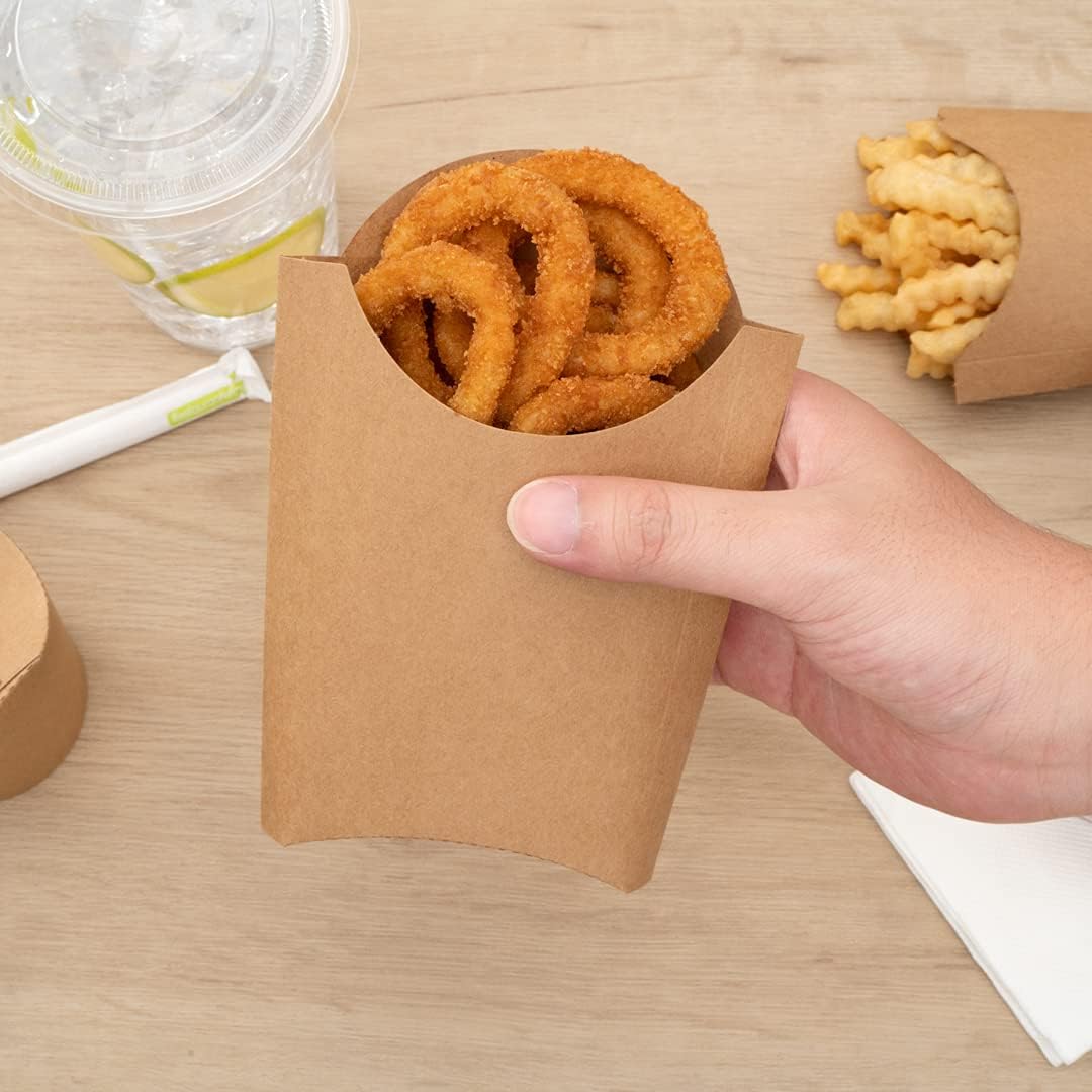 Restaurantware Bio Tek 4.7 x 3.5 x 5.1 Inch French Fry Cup 100 Disposable Snack Cups - Stackable Sustainable Kraft Paper 4 Ounce Fry Holder For Fries Onion Rings Popcorn or Cookies