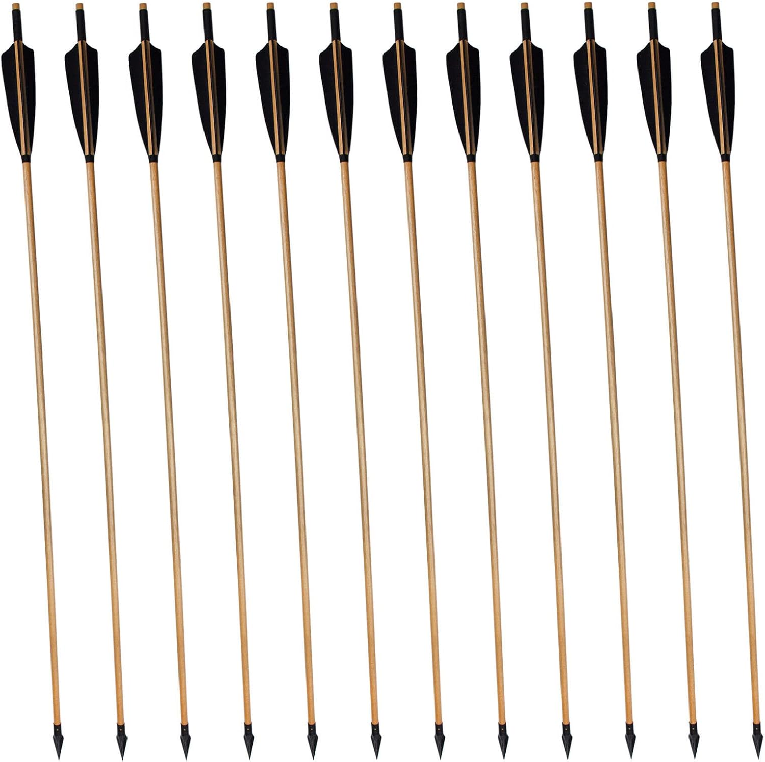 33" Traditional Wooden Hunting Arrows, Handmade with Real Turkey Feathers and Triangular Hunting Iron Tips Broadheads for Recurve Bow and Longbow Hunting (12 Pack)