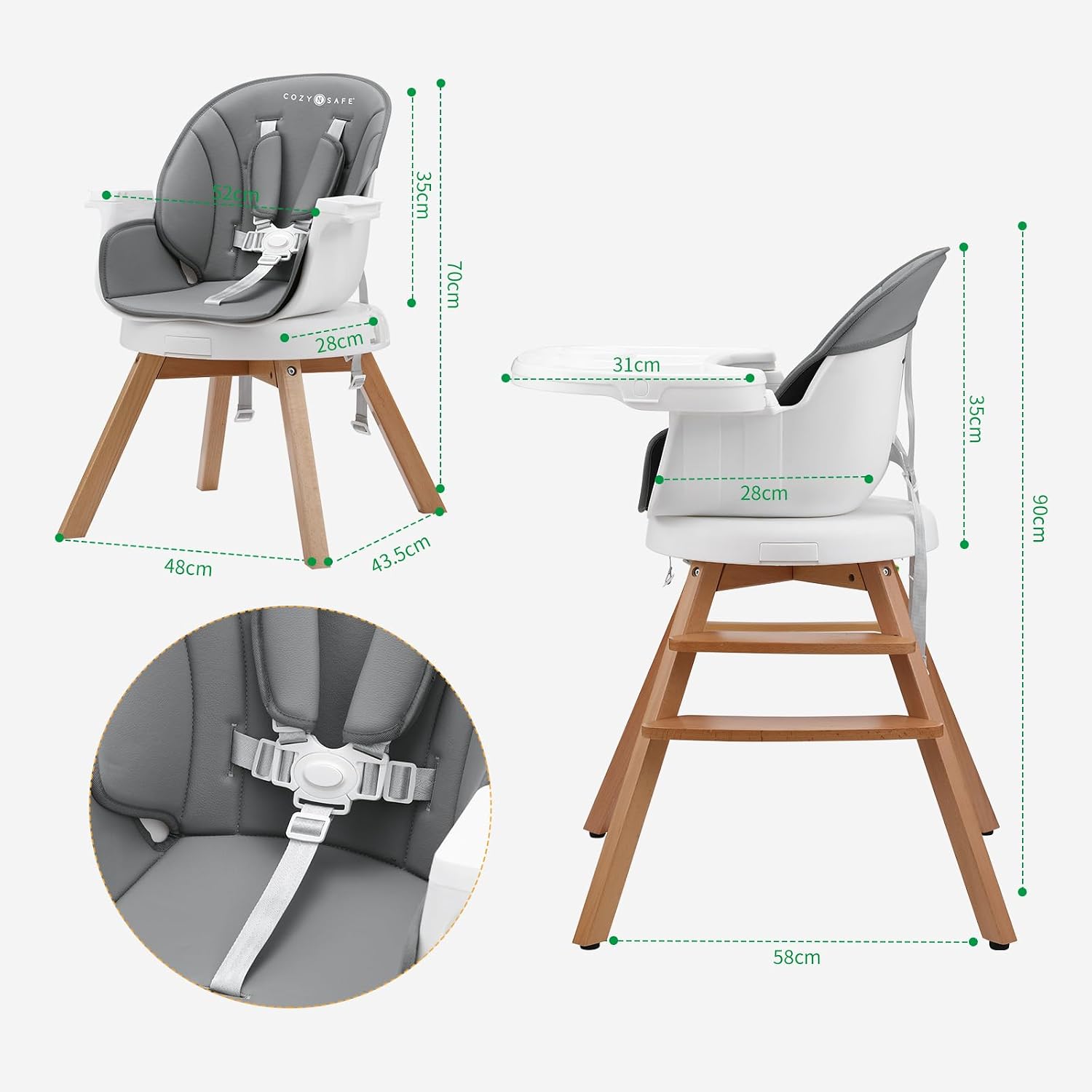Detailed dimensions of the Cozy N Safe high chair in both high chair and booster configurations.
