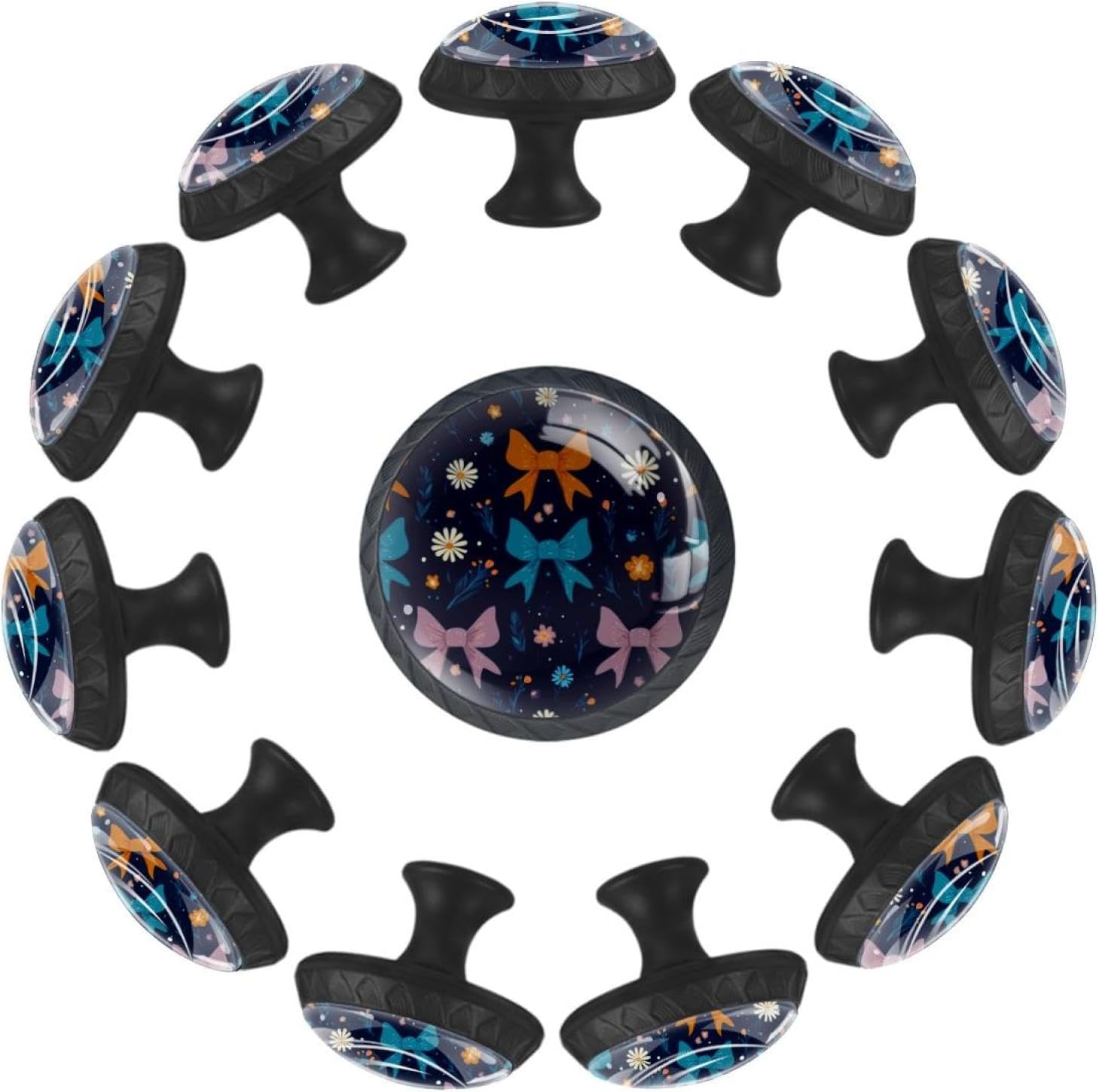 Black Round Blue Starfish (2) Cabinet Knobs, Decorative Printed Drawer Knobs with Long & Short Screws for Home Improvement