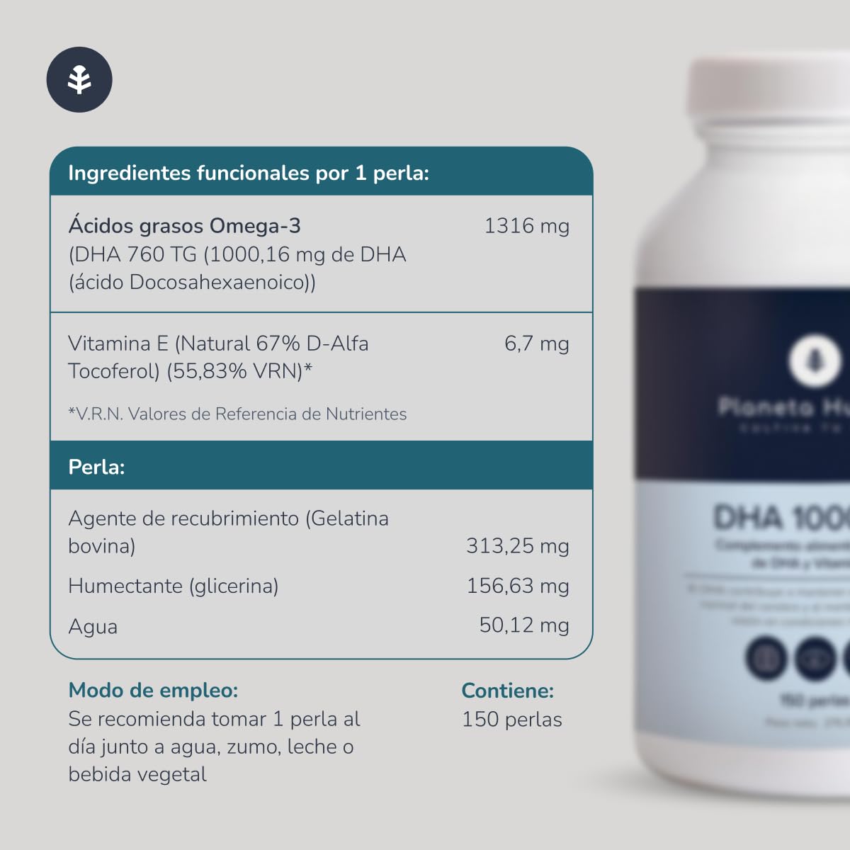 PLANETA HUERTO | Omega 3 DHA 1000 mg 150 Perlas - Omega 3 Alta Potencia para la Salud Cerebral, Visual y Fetal