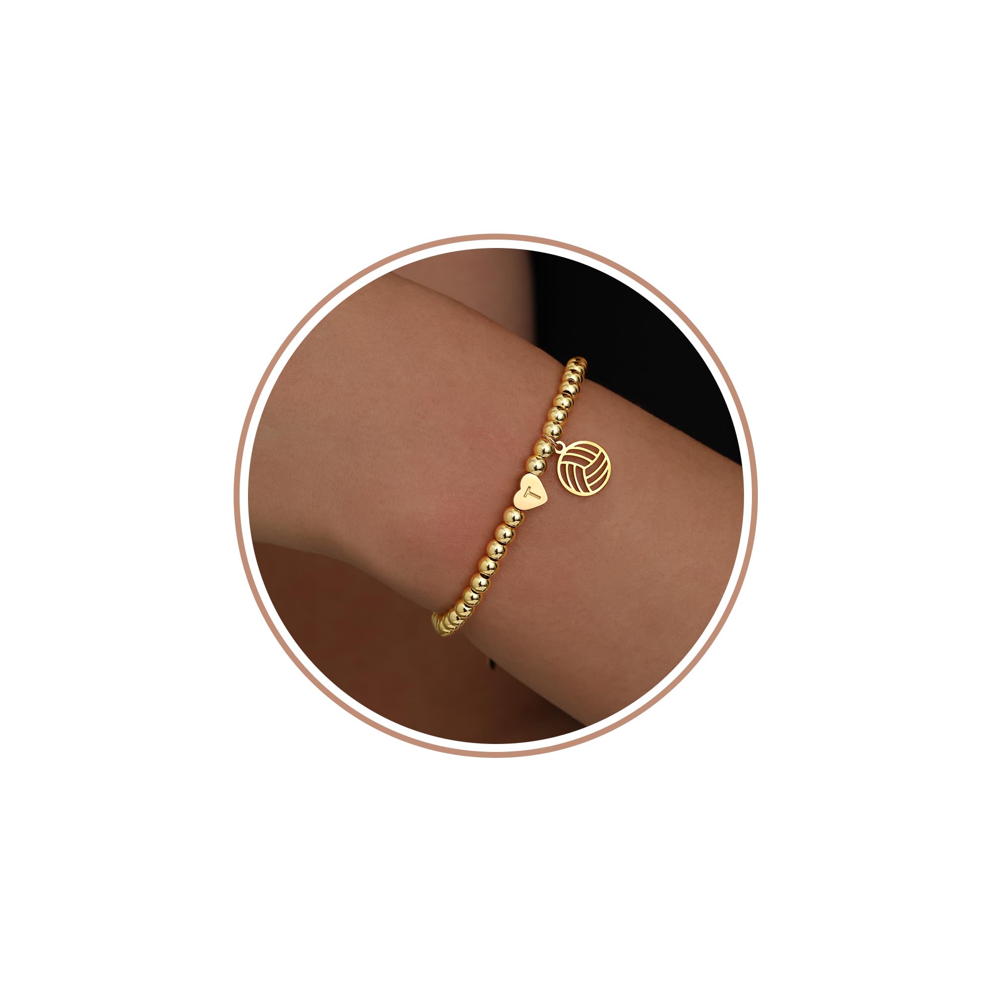 Volleyball Stuff, Volleyball Gifts Initial Bracelet Adjustable Letter A-Z Gold Beaded Bracelets for Women Heart Link Stocking Stuffers Mothers Day Gift Basket Christmas Graduation Jewelry