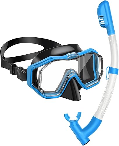 W WSTOO Snorkeling Gear for Kids and Adults,Snorkel Mask Panoramic Anti-Leak and Anti-Fog Three-Lens,Dry Top Scuba Diving Mask,Adjustable Snorkel