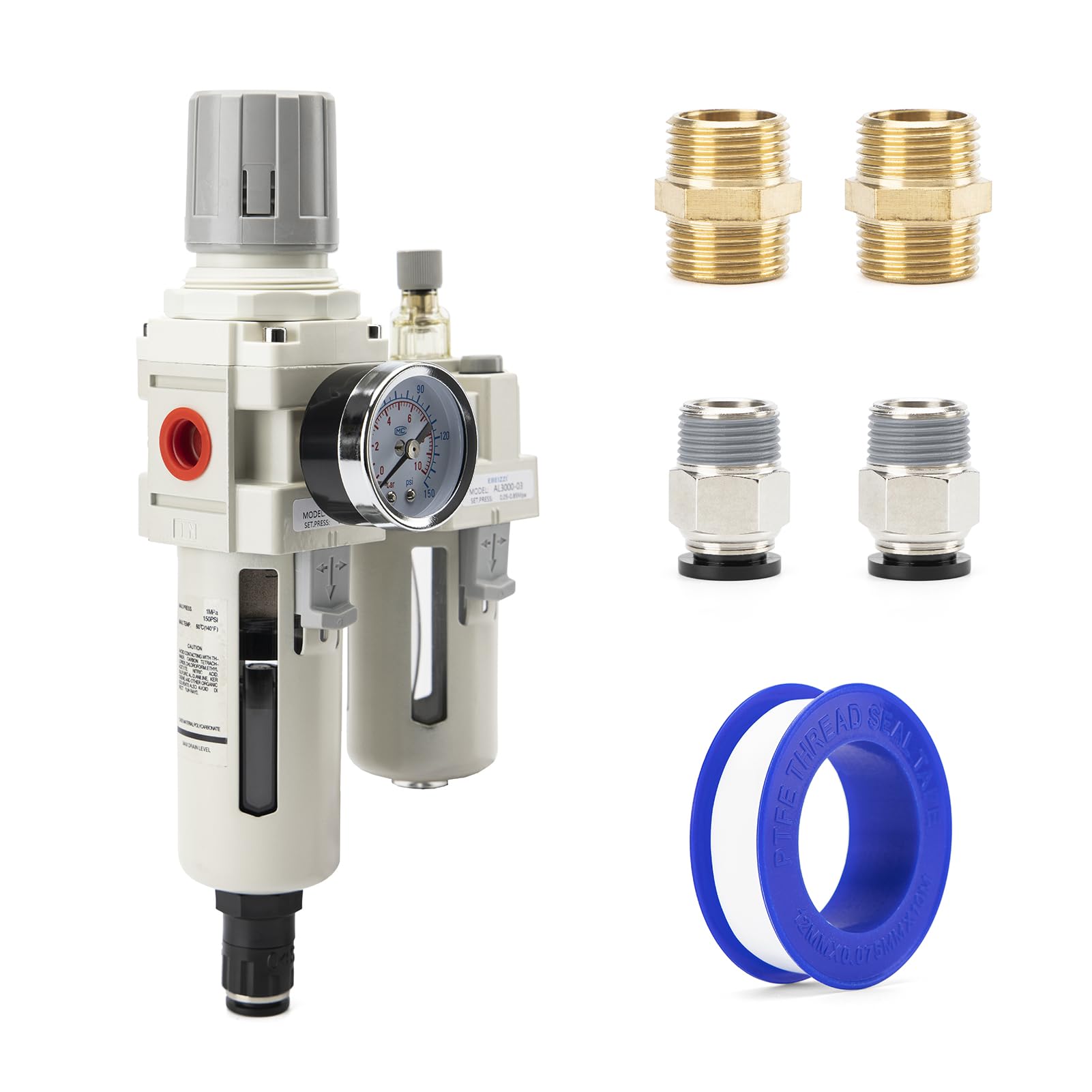 Filtro de aire comprimido NPT de 3/8 pulgadas | Combo de lubricador regulador | Separador de trampas de agua/aceite, calibre (0-150 psi) | tazón de polietileno | drenaje automático | Soporte -