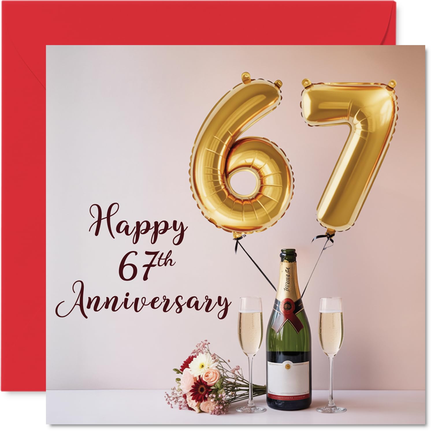 67th Anniversary Card for Women Men - Balloons & Bottle of Bubbly - Happy 67 Year Anniversary Card for Husband Companion Wife Partner, 145mm Wedding Anniversaries Greeting Cards