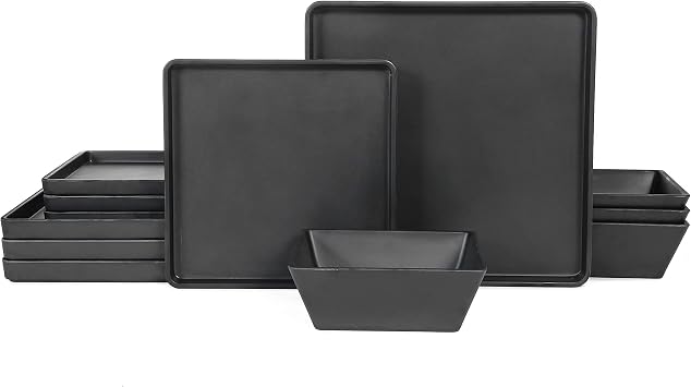 Melamine Dinnerware Sets - 12pcs Square Plates and Bowls Set, Dishes Set, Black