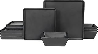Melamine Dinnerware Sets - 12pcs Square Plates and Bowls Set, Dishes Set, Black