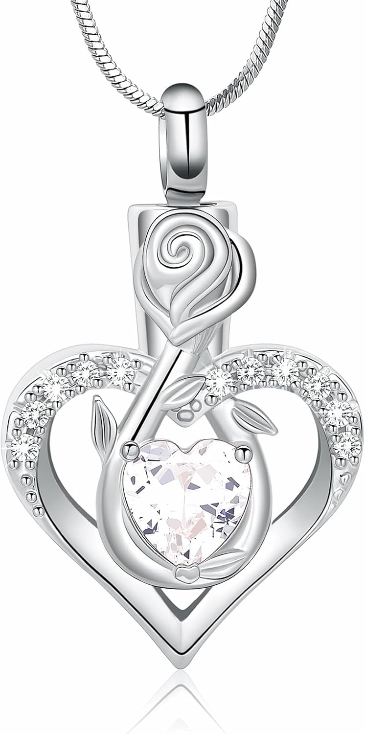 Minicremation Cremation Jewelry for Ashes Rose Flower Heart Necklace for Women Girl Birthstone Memorial Keepsake Jewelry Urn Pendant