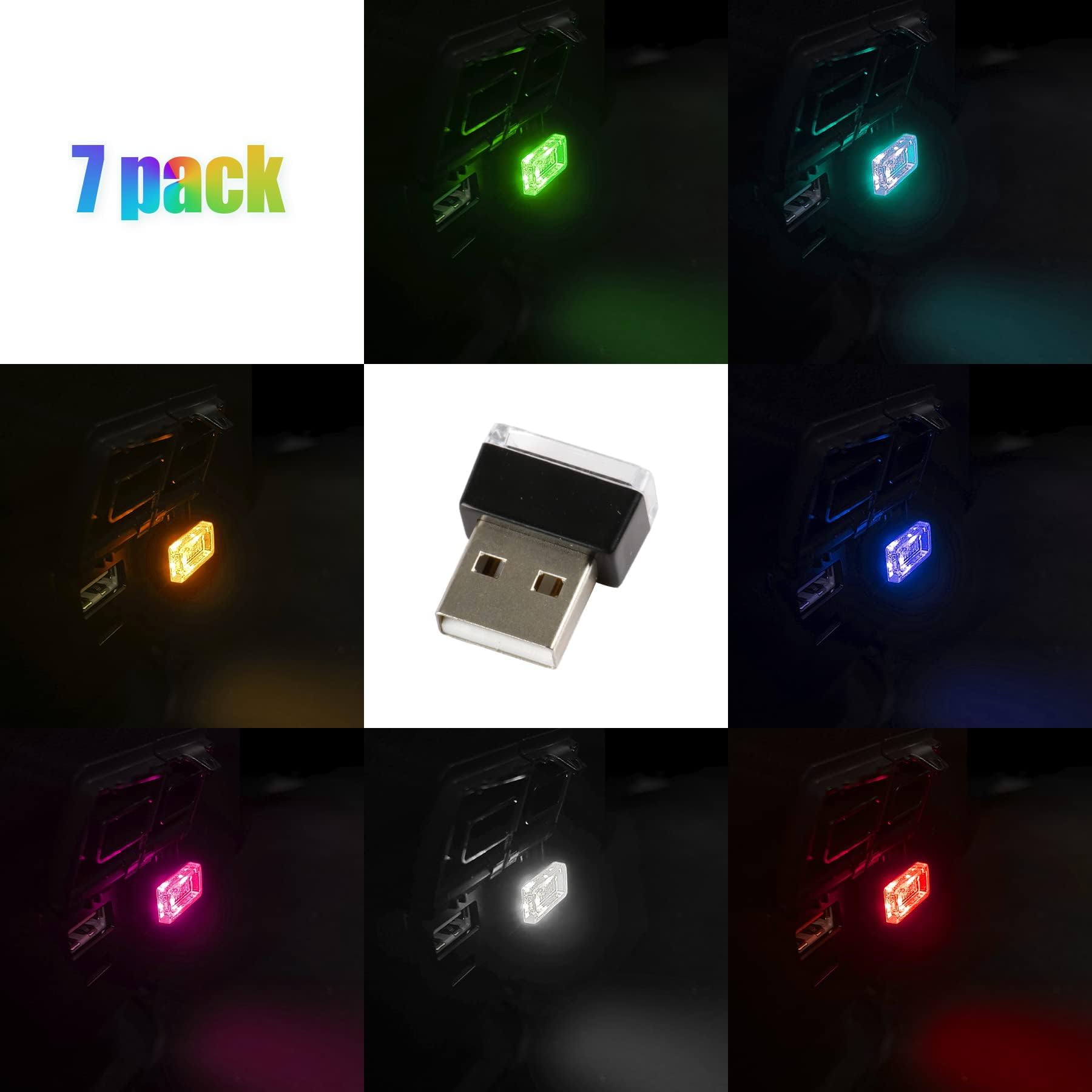 UYYE 7 Pieces Night LED Decorative Mini USB Light,USB LED Car Ambient Light Indoor Ambient Lighting Car Interior Accessories LED Light Rechargeable for Car Laptop Night Light Decor (7Colors)