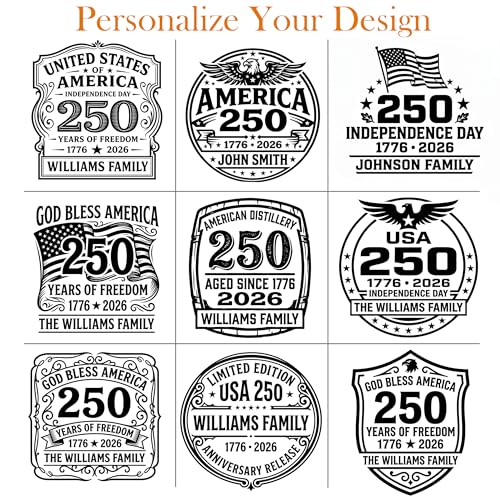 Image of Personalized 250th Anniversary Classic Whiskey Decanter Set - USA 250 Independence Gift for Men, Custom Engraved Family Name or Text,Decanter & 2 Whiskey Glasses, 9 Chilling Stones in Wooden Gift Box