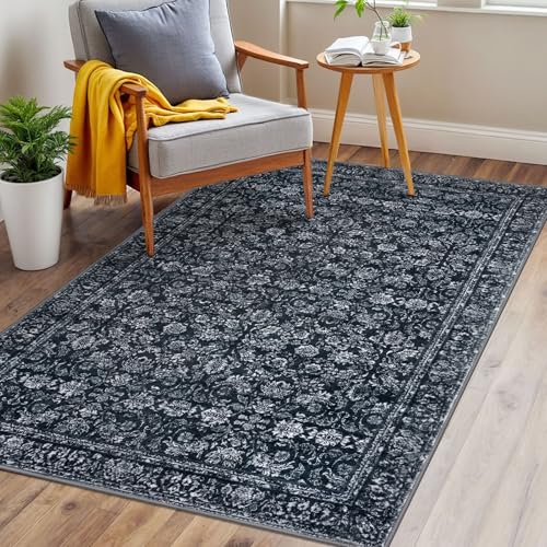 3x5 Area Rug Black Washable Soft Distressed Floral Rugs, Non-Slip Low-Pile Vintage Neutral Carpet for Entryway Nursery Bedroom Dining Dorm Living Room
