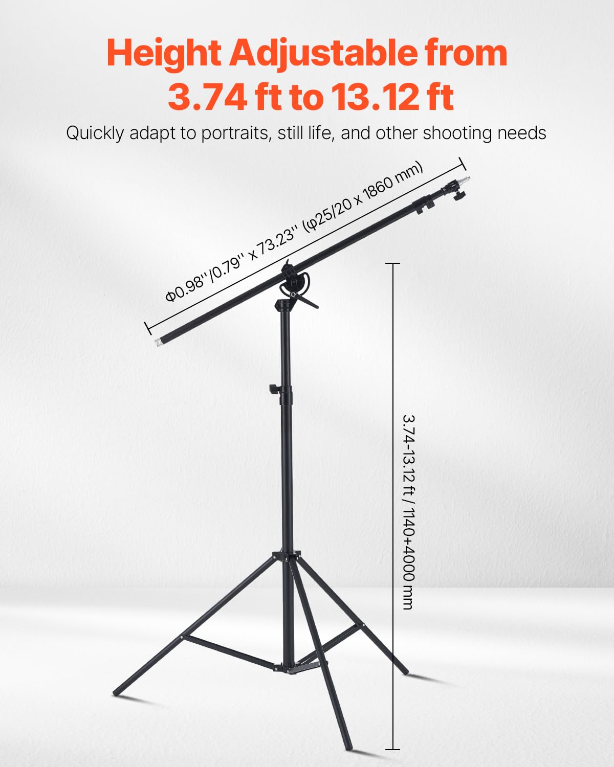VEVOR Support d'éclairage en Aluminium, Hauteur Max. 390 cm, trépied de Photographique réglable, avec Bras flèche, Sac Sable, Charge Max. 5 kg, pour boîte à lumière, Flash de Studio, Anneau Lumineux