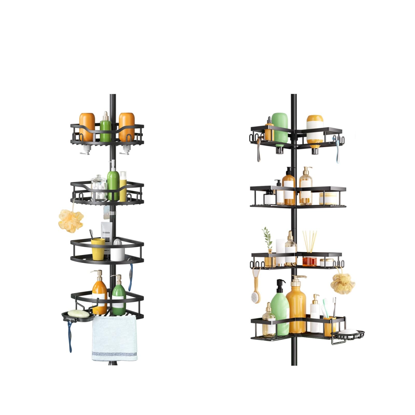 HAMITOR Corner Shower Caddy Tension Pole Rustproof Stable 4-Tier Bathroom Organizer Shelves for Bathtub Shampoo Storage - 47-121