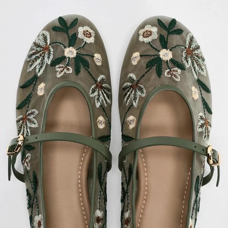 Elbslutt Mesh Ballet Flats for Women Slip On Ballerina Flats Shoes Tulle Floral Embroidered Mary Jane Buckle Strap Round Toe Comfortable Casual Work Dress Shoes,Size 8.5,Green2