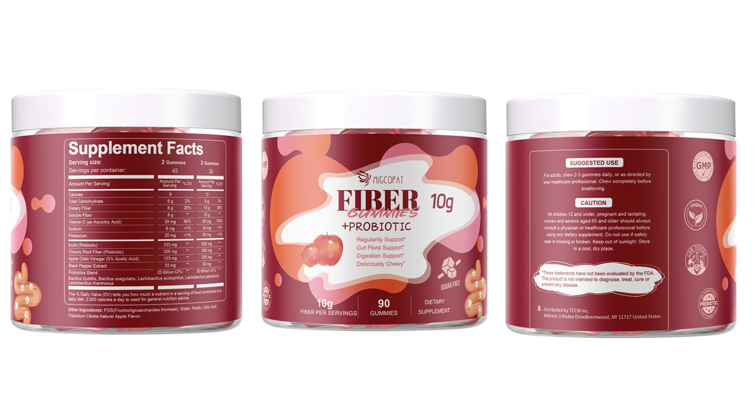 Migcopat Fiber Gummies with Probiotics,10G Fiber per Serving No Sugar Added Apple Flavor, with 10 Billion CFU Probiotics Blend, Apple Cider Vinegar, Vitamin C, Inulin, Bloating Support 90 Count — Amazon image 9