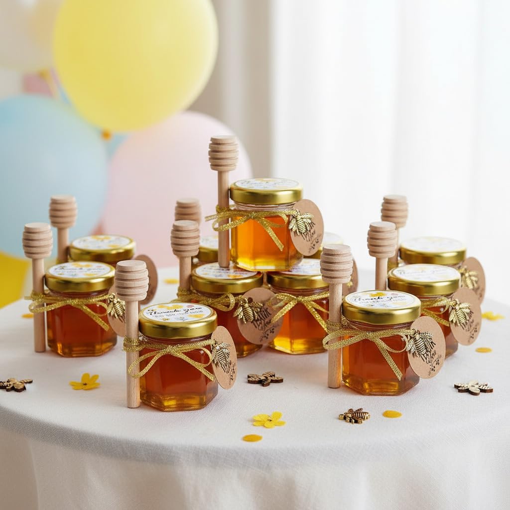 Small Honey Jar, Mini Honey Jars with Dipper, Glass Honey Pot Baby Shower Favors, Party Favors & Wedding Favors, Hexagon Honey Container w/ Lid, Bee Charms, Fabric Ribbons and Bags, 60 Pack 1.5oz